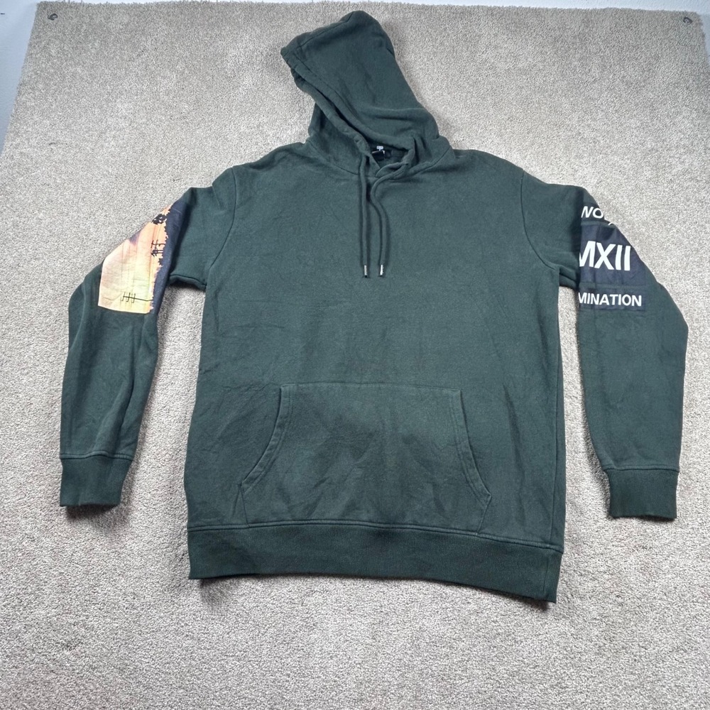Forever 21 Mens‎ Hoodie Dark Green Graphic Sleeve Back Print Fleece Sweatshirt M